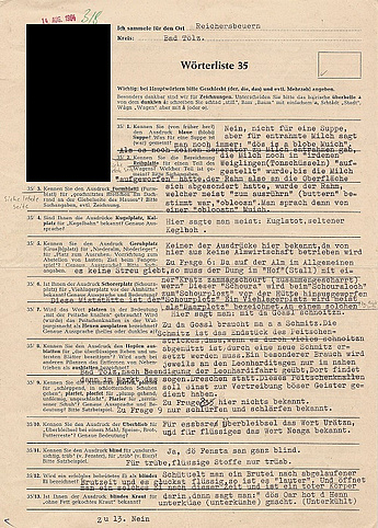 Bild von der ersten Seite der beantworteten Wörterliste 35 aus Reichersbeuern, Landkreis Bad Tölz 